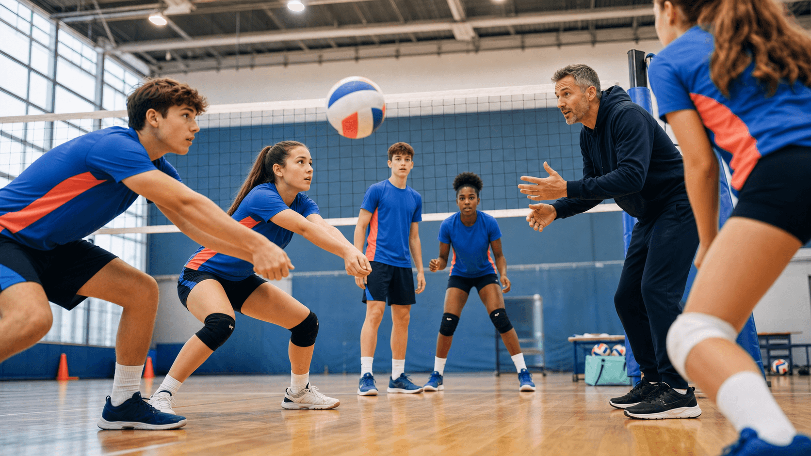 Equipo de voleibol preparando un ejercicio