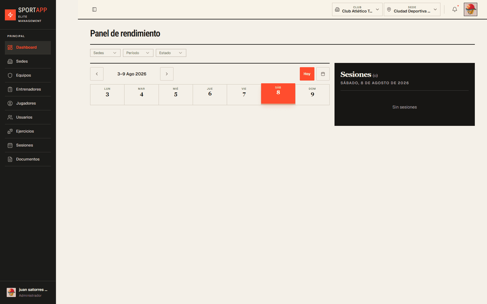 Dashboard semanal con calendario y estados de sesión