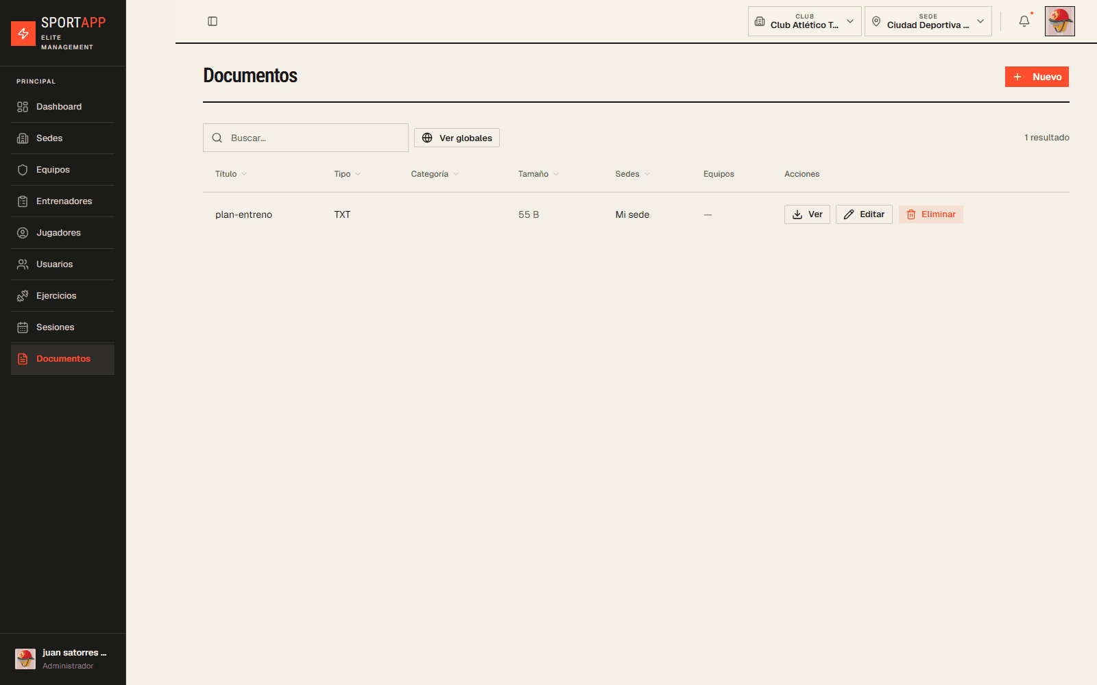 Tabla de documentos con tipo, categoría y sedes