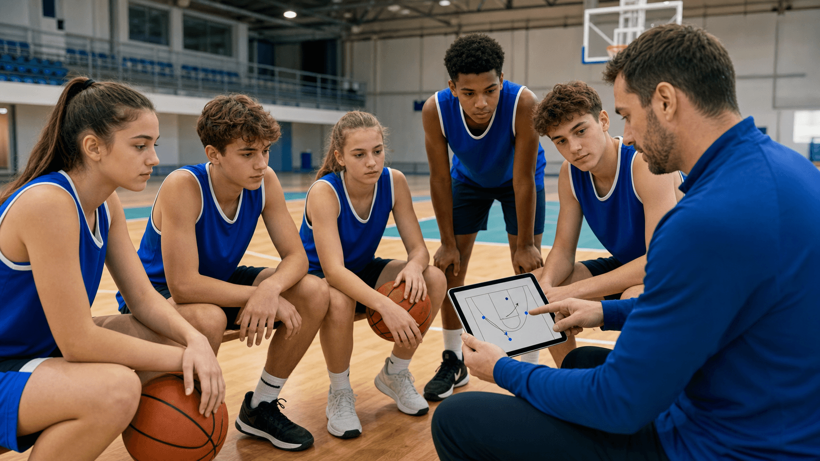 Entrenador de baloncesto enseñando un ejercicio en tablet a su equipo