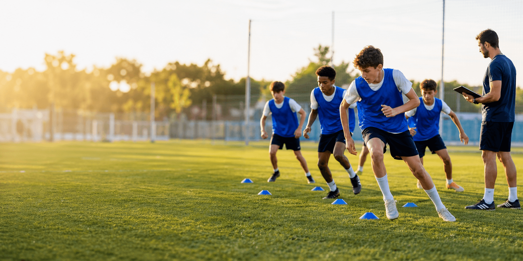 Equipo de fútbol entrenando con su entrenador en el campo